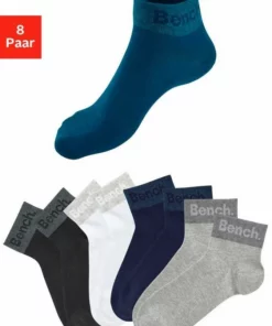 Bench. Kurzsocken (8-Paar) mit eingestricktem Schriftzug am Bündchen 2 x schwarz | 2 x weiß | 2 x hellgrau-meliert | 2 x blau, Schwarz