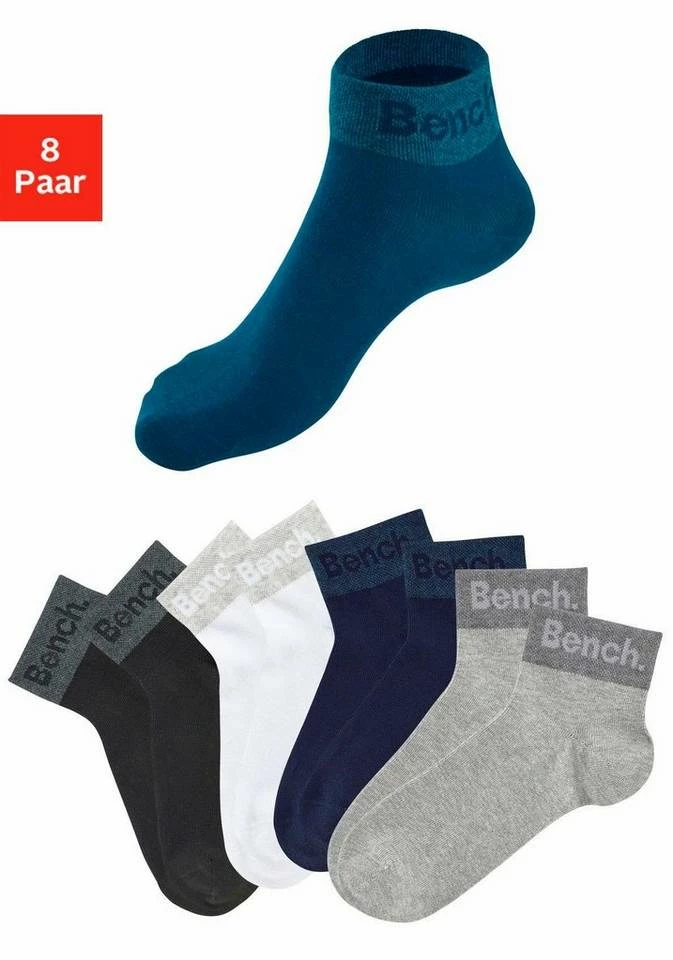 Bench. Kurzsocken (8-Paar) mit eingestricktem Schriftzug am Bündchen 2 x schwarz | 2 x weiß | 2 x hellgrau-meliert | 2 x blau, Schwarz 3 Bench. Kurzsocken (8-Paar) mit eingestricktem Schriftzug am Bündchen 2 x schwarz | 2 x weiß | 2 x hellgrau-meliert | 2 x blau, Schwarz